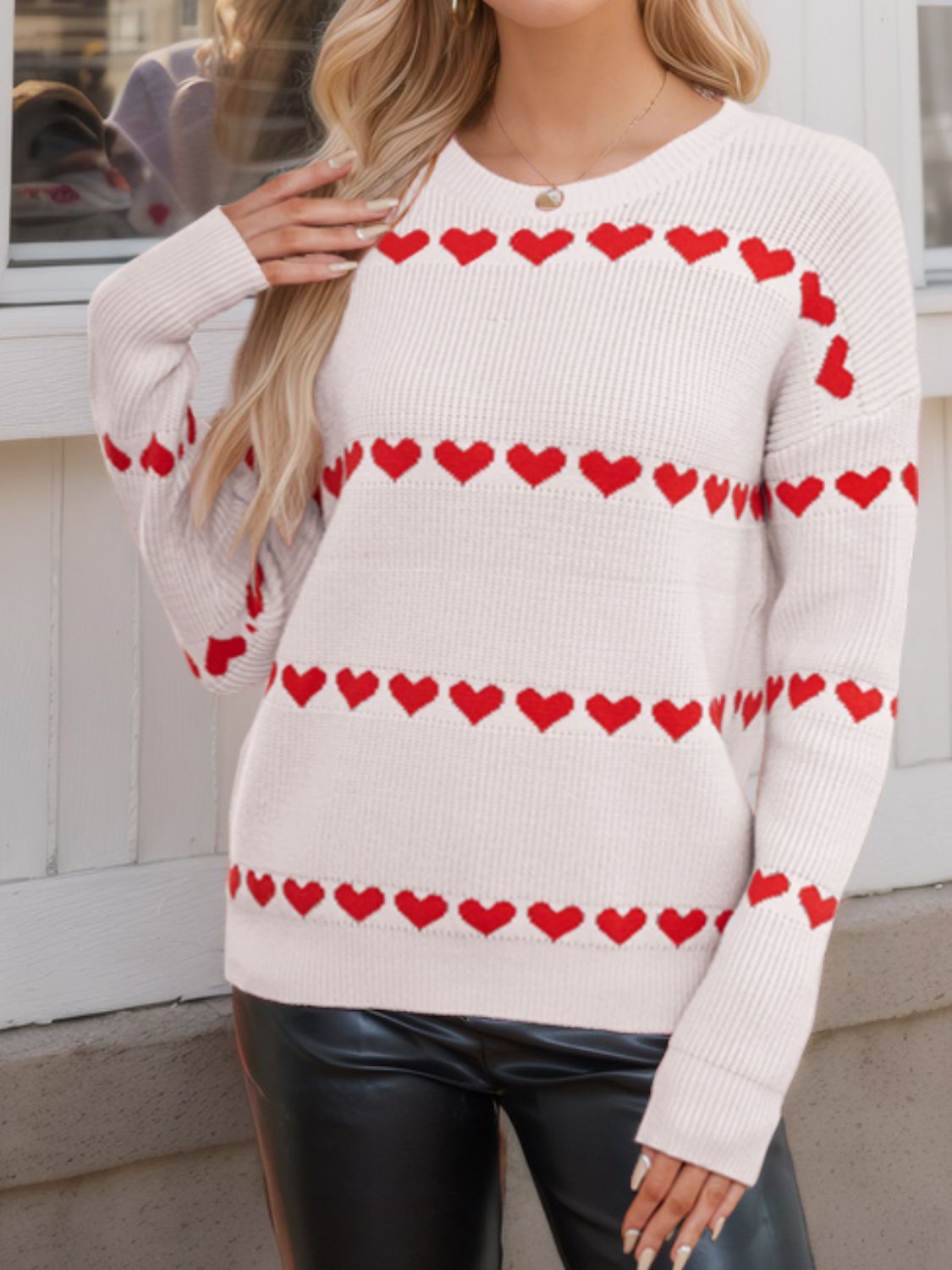 Heart Round Neck Long Sleeve Sweater