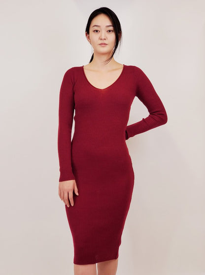 V-Neck Sheer Ribbed Knit Long Sleeve Sweater Dress