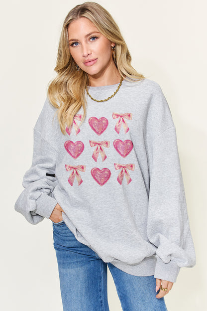 Simply Love Full Size Bow & Heart Graphic Long Sleeve Sweatshirt