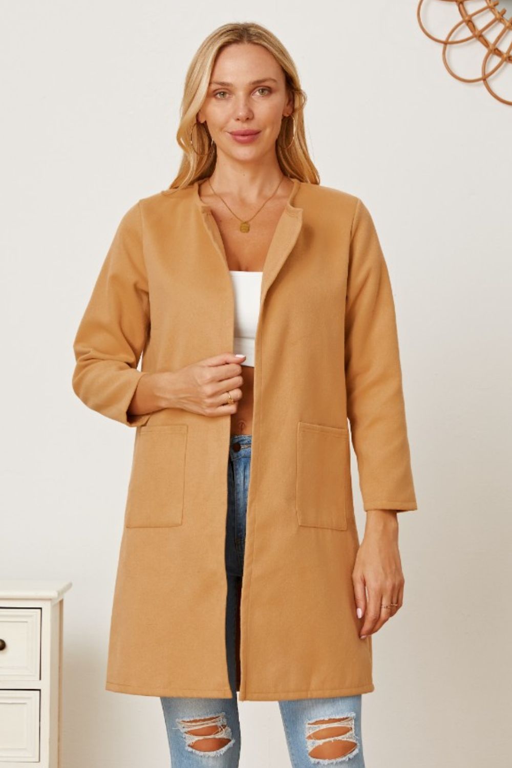 Open Front Pocketed Long Sleeve Coat