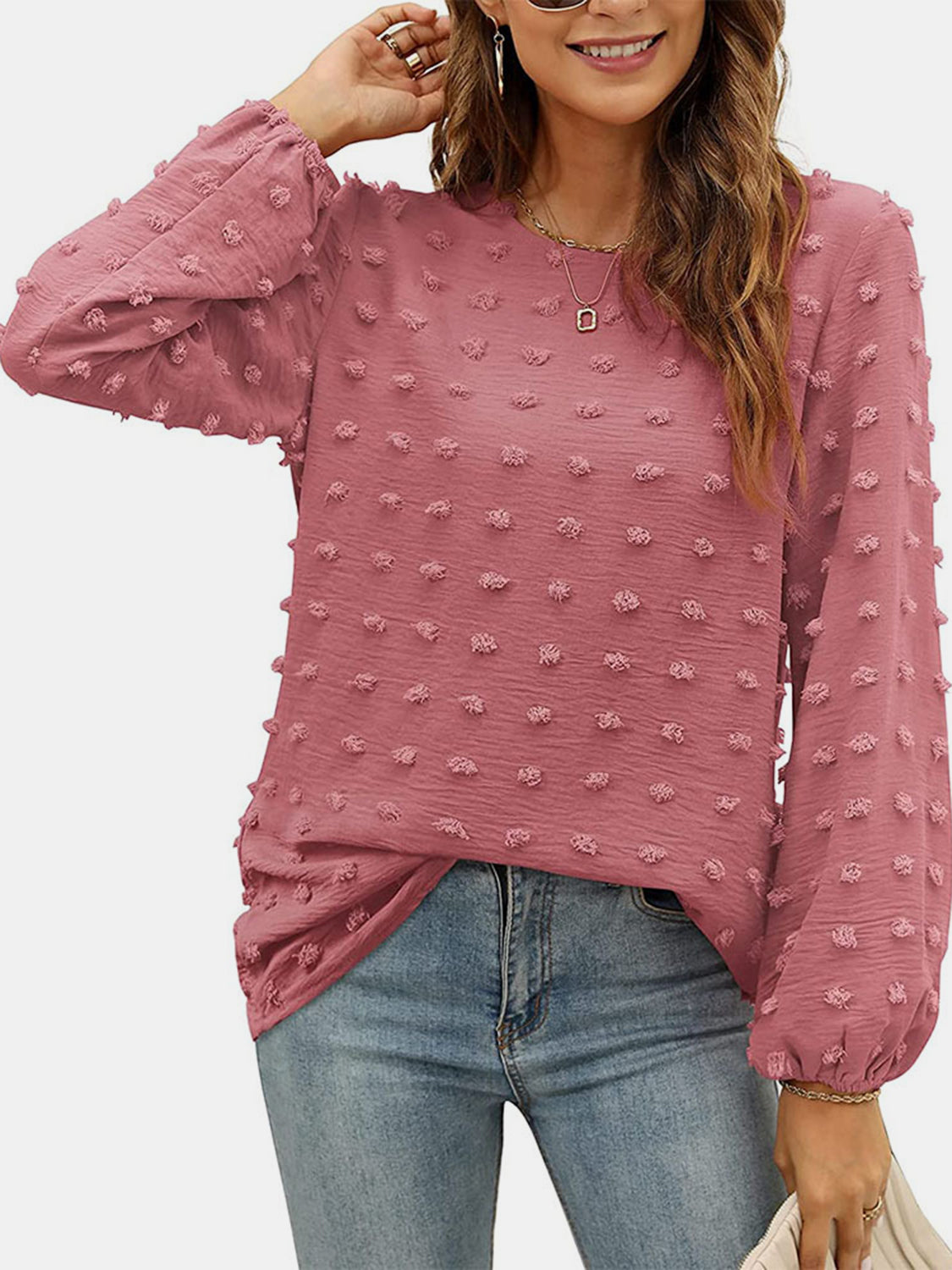 Swiss Dot Round Neck Long Sleeve Blouse