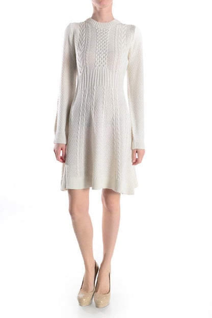 Cable Knit Round Neck Long Sleeves Flare Dress