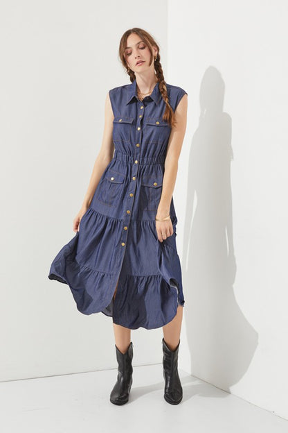 SLEEVELESS BUTTON DOWN COLLARED DENIM DRESS