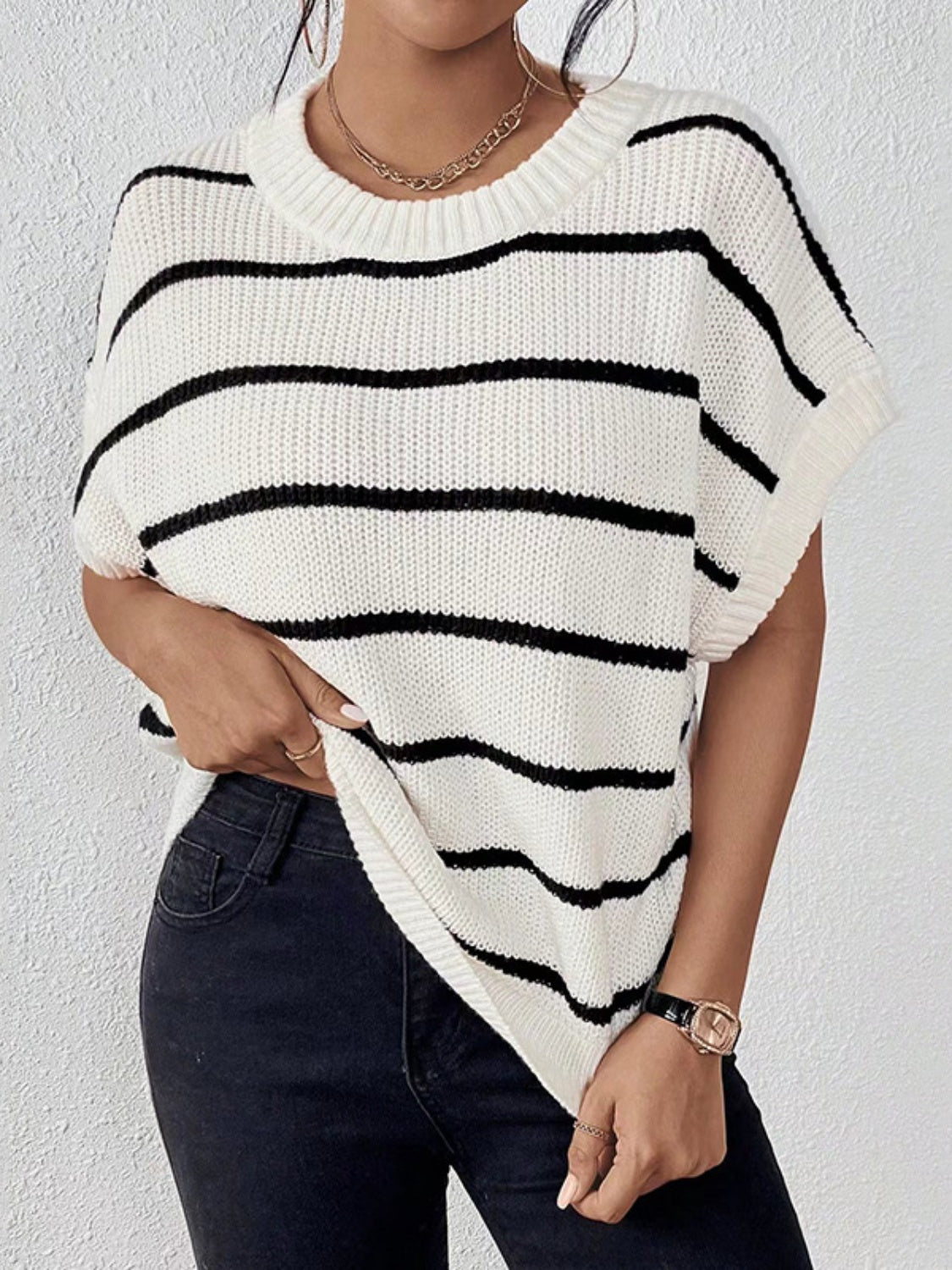 Striped Round Neck Short Sleeve Knit Top