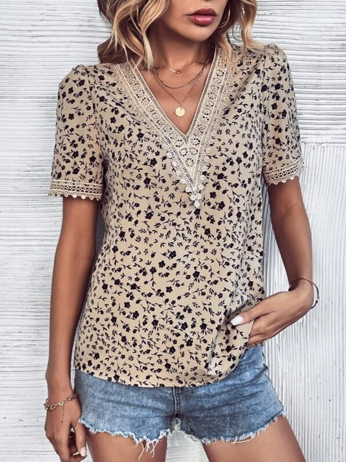 Full Size Printed V-Neck Short Sleeve Blouse