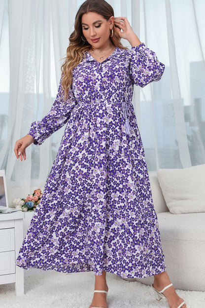 Plus Size Printed Mock Neck Buttoned Maxi Dress