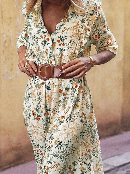 Floral Cutout Flounce Sleeve Dress