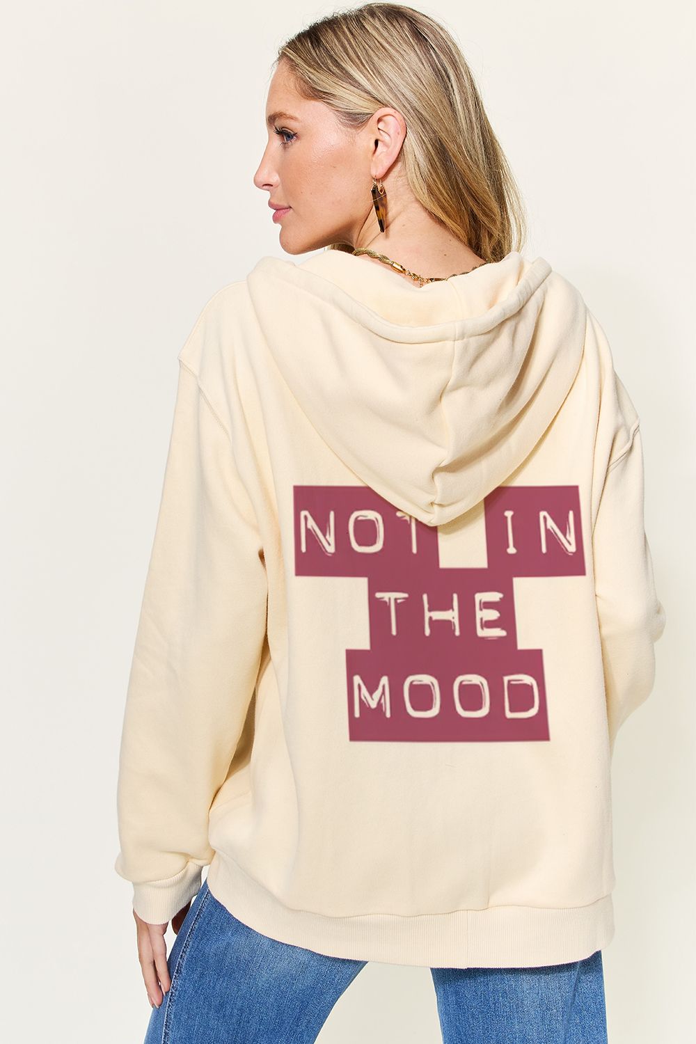 Simply Love Full Size NOT IN THE MOOD Graphic Zip-Up Hoodie with Pockets