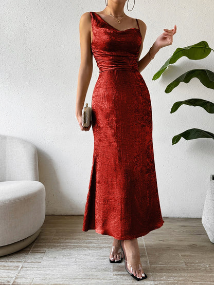 Asymmetric Neck Sleeveless Midi Dress