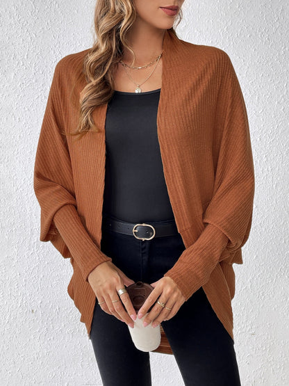 Ribbed Open Front Lantern Sleeve Cocoon Cardigan