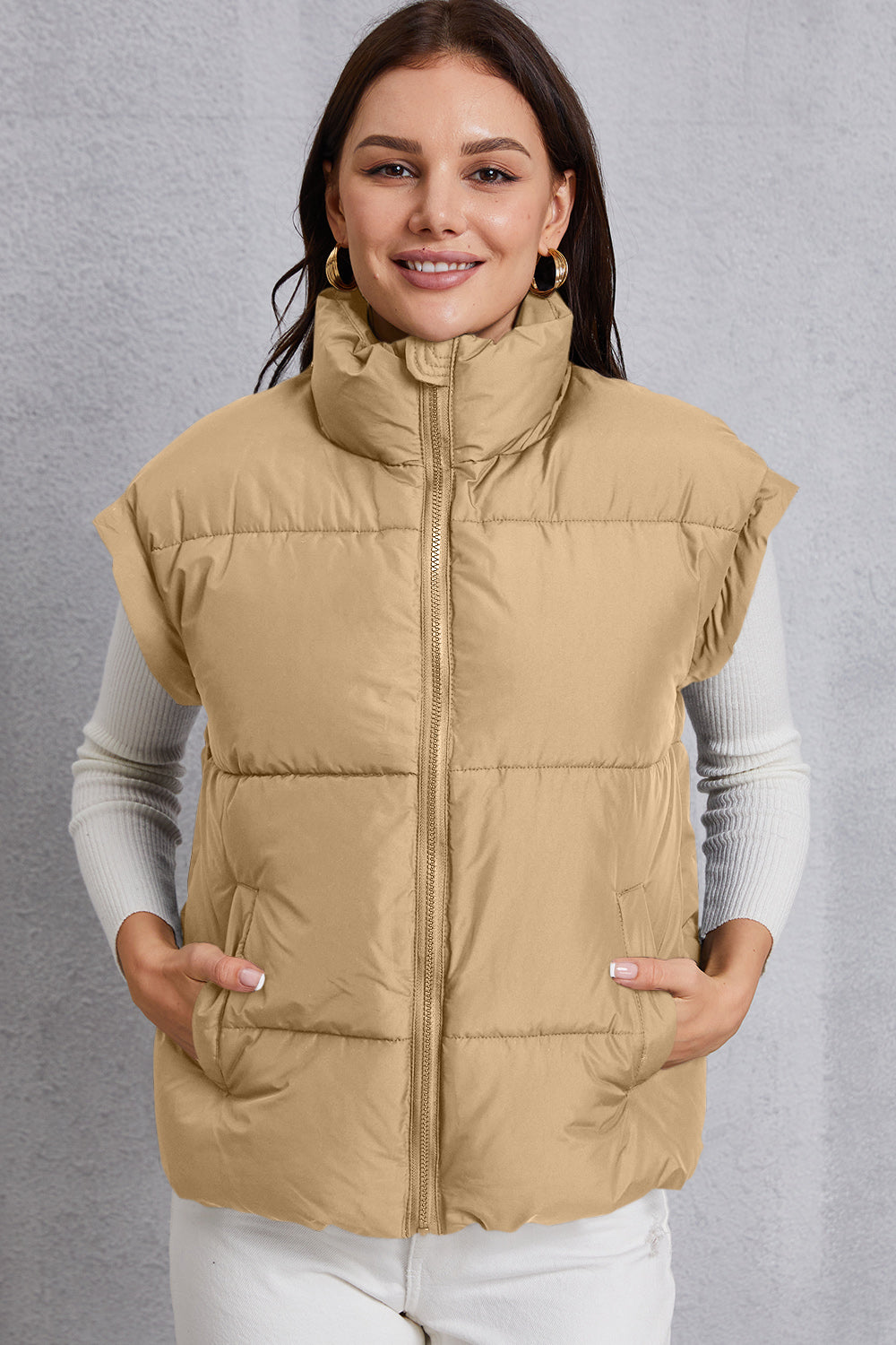 Zip Up Turtleneck Pocketed Vest Coat