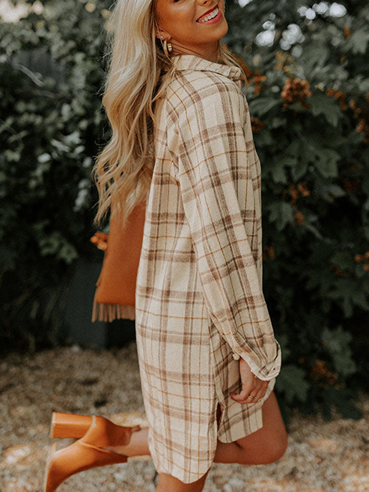 Plaid Collared Neck Long Sleeve Shirt Dress