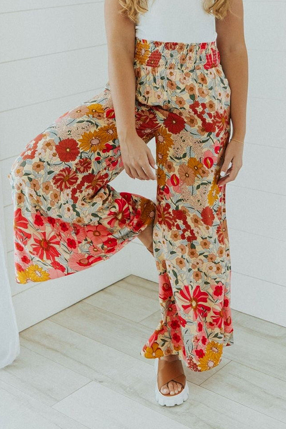 Oatmeal Boho Floral Smocked Waist Wide Leg Pants