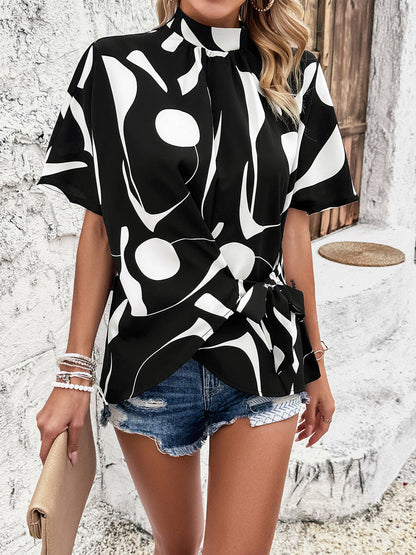 Tied Printed Mock Neck Half Sleeve Blouse