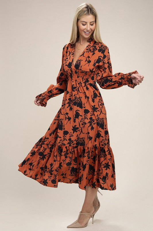 Floral Print Bishop Sleeve Shirred Dress