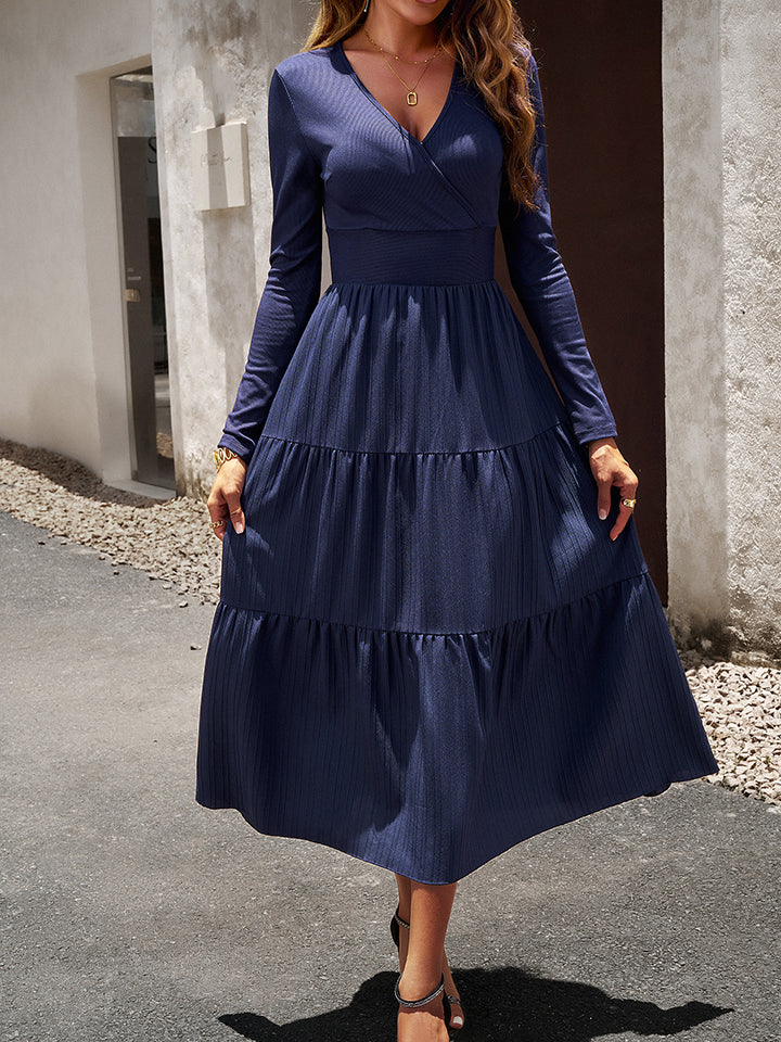 Surplice Neck Long Sleeve Smocked Waist Midi Dress