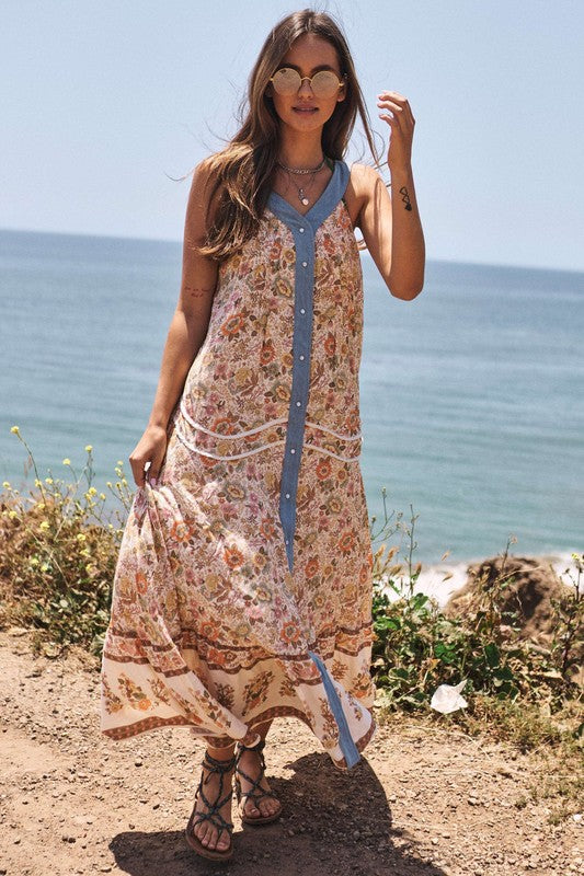 Floral Border Printed V-Neck Sleeveless Maxi Dress