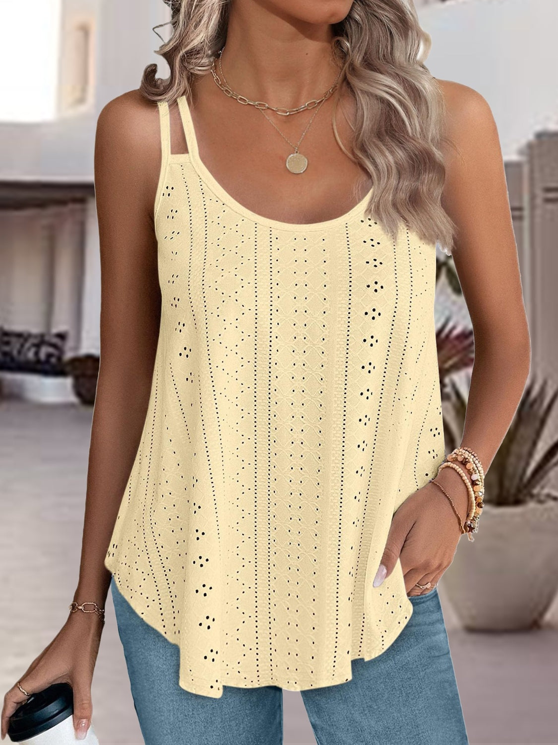 Eyelet Scoop Neck Spaghetti Strap Cami