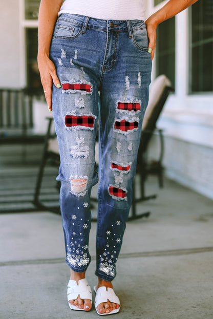 Plaid Snow Graphic Distressed Jeans