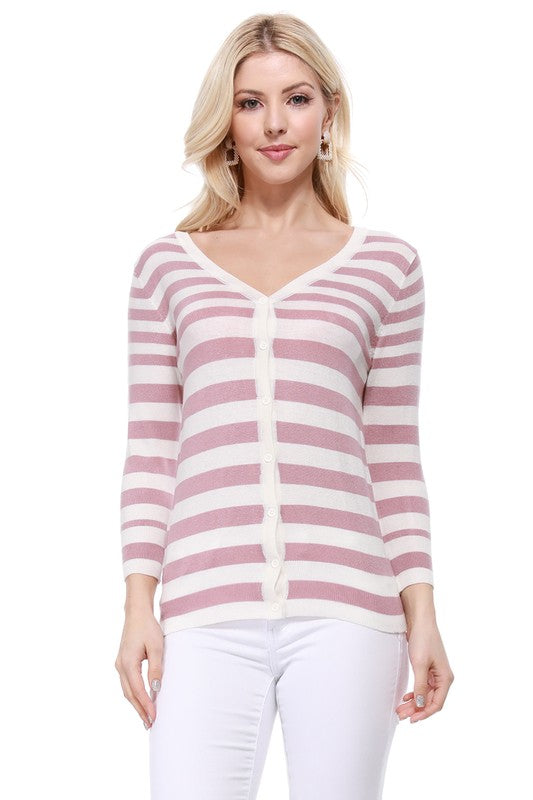 V Neck Striped Spandex Sweater Cardigan