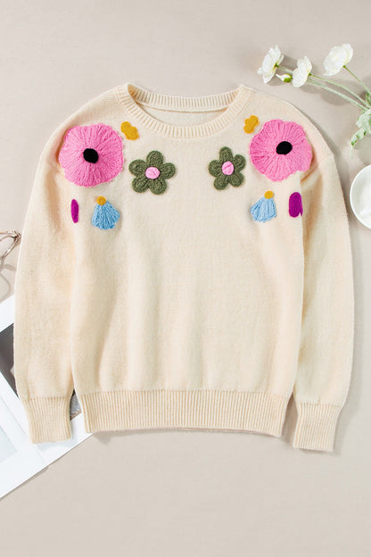 Crochet Flower Round Neck Dropped Shoulder Sweater