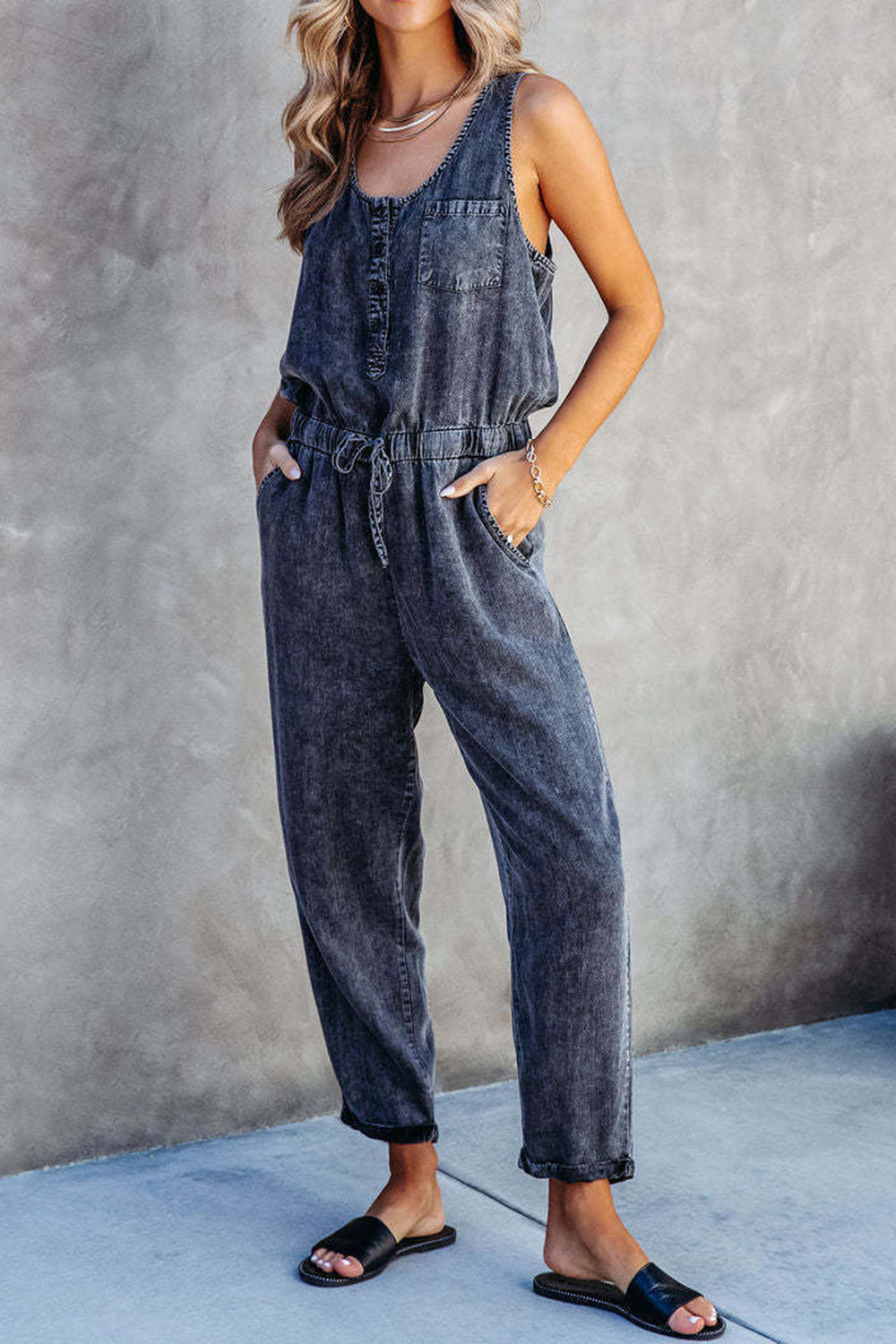 Pocketed Half Button Sleeveless Denim Jumpsuit