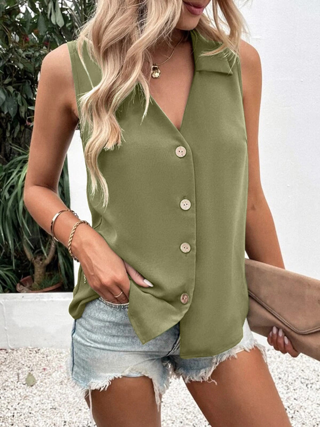 Full Size Johnny Collar Button Up Tank