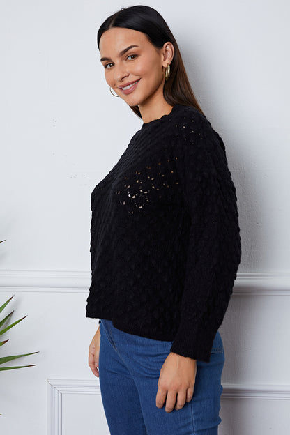Shiny Openwork Round Neck Long Sleeve Sweater