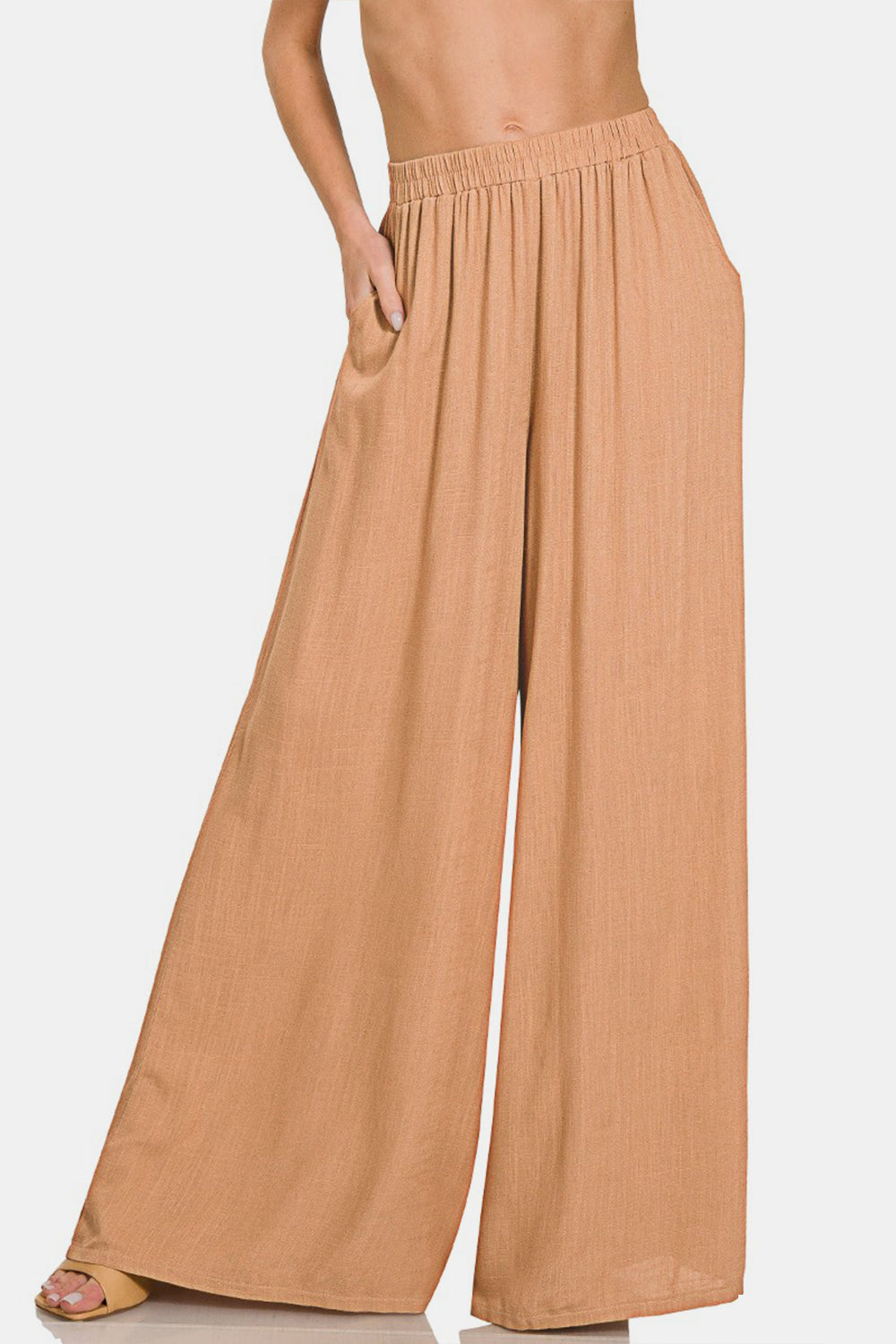 Zenana Pleated Linen Blend Wide Leg Pants