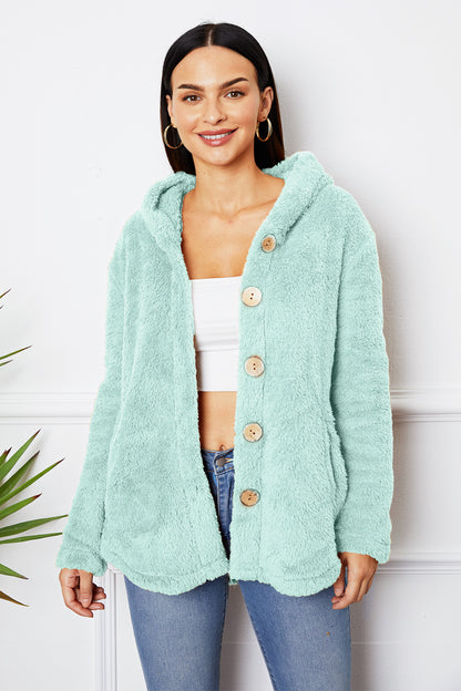 Fuzzy Button Up Hooded Outerwear