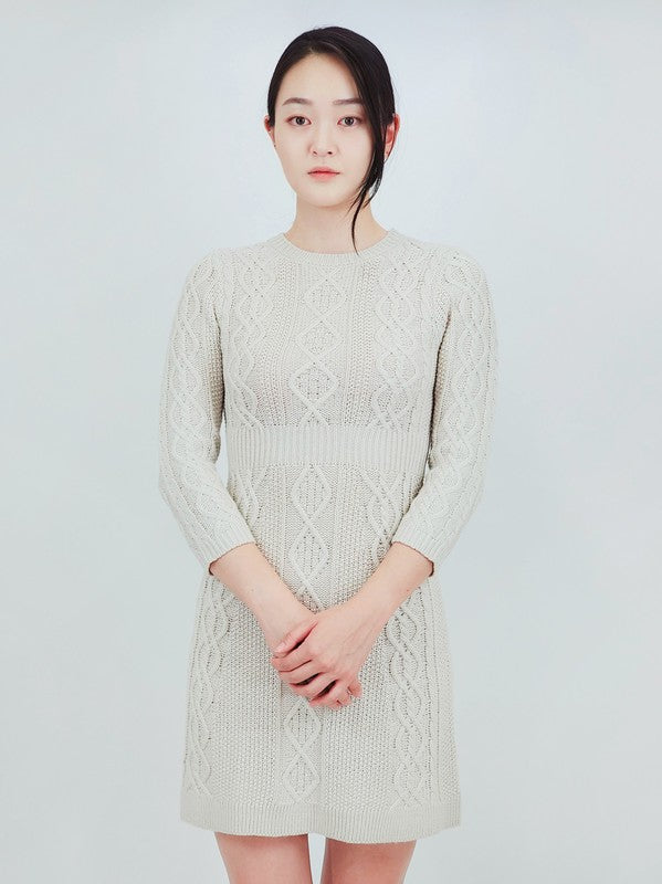 Cable Knit Round Neck 3/4 Slvs Mini Sweater Dress