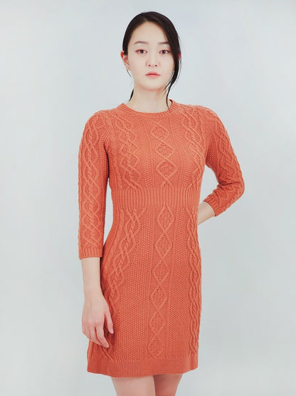 Cable Knit Round Neck 3/4 Slvs Mini Sweater Dress