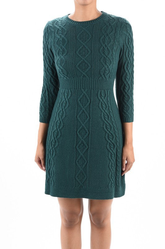 Cable Knit Round Neck 3/4 Slvs Mini Sweater Dress