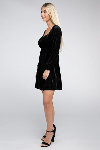 Square Neck High Waist Velvet Dress