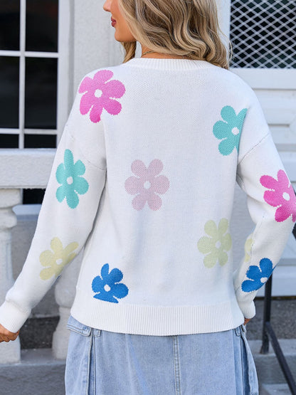 Angel Wings Flower Round Neck Long Sleeve Sweater