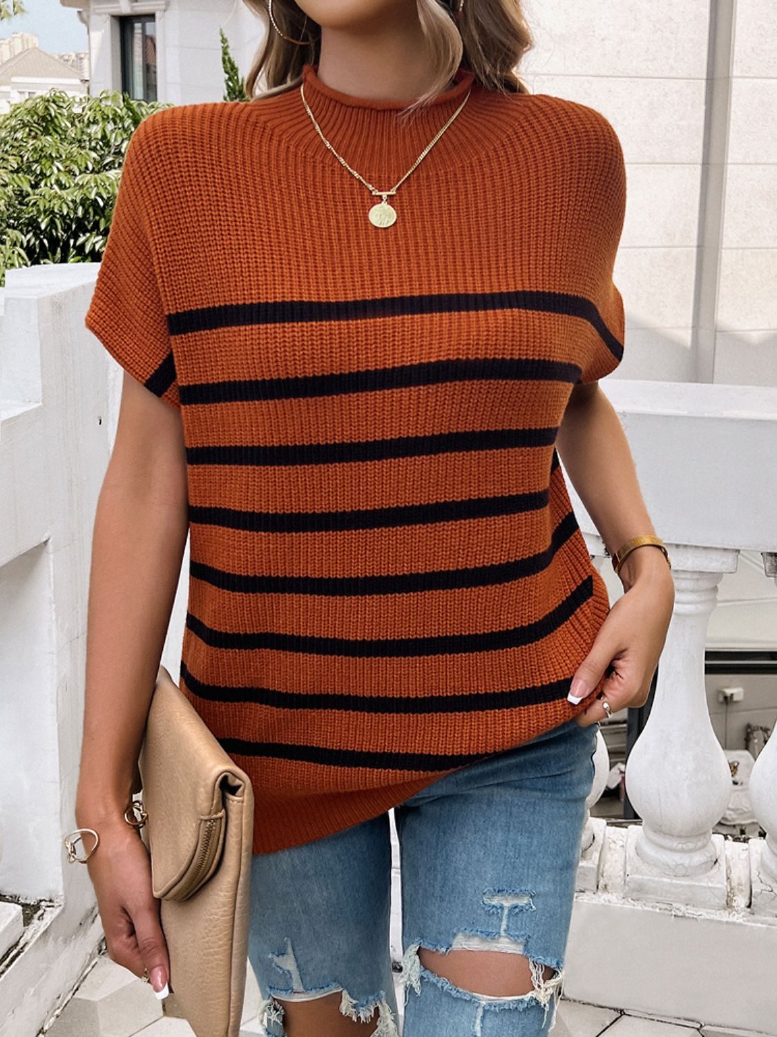 Devine Striped Mock Neck Short Sleeve Sweater