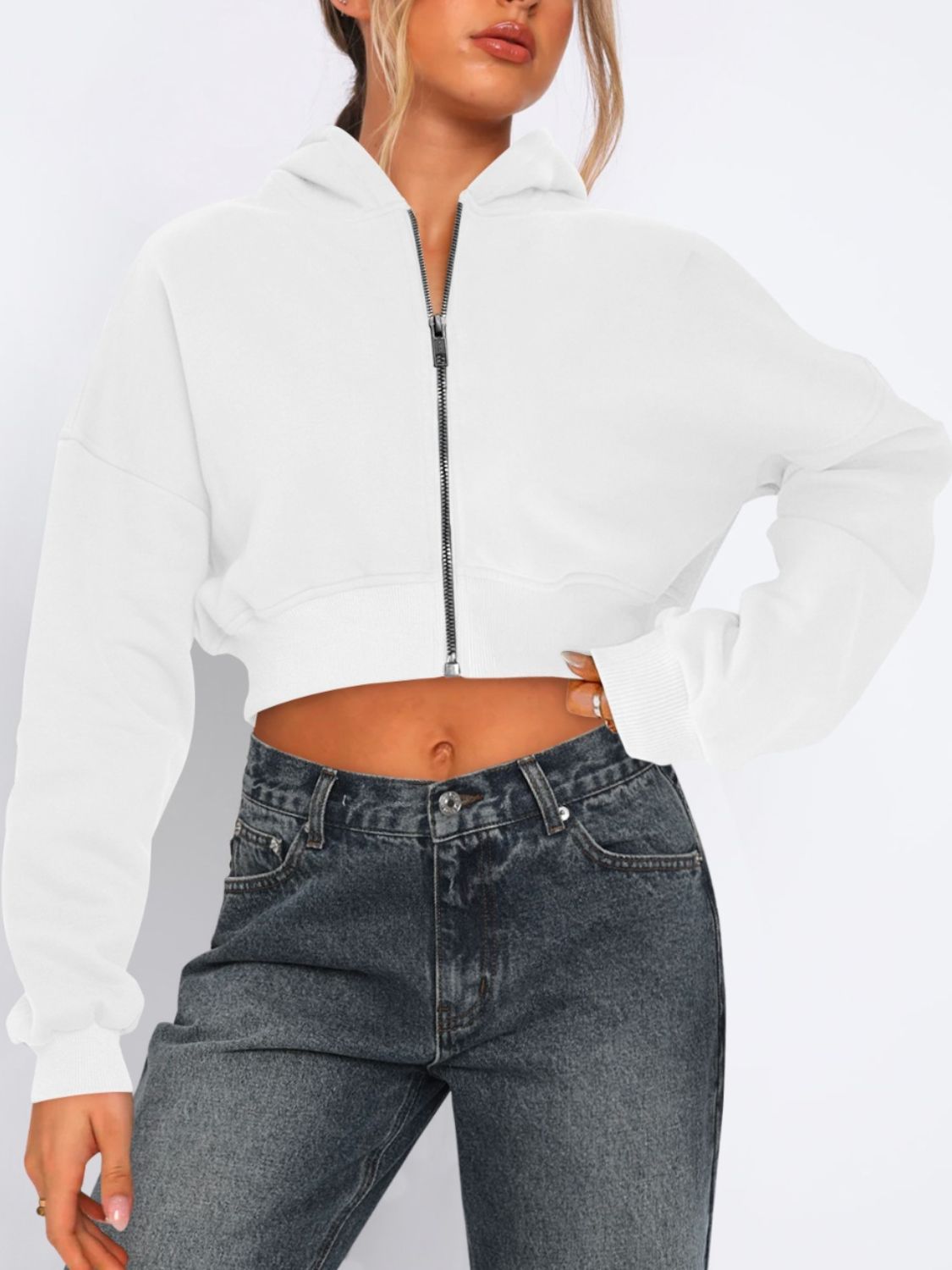 Zip Up Long Sleeve Hooded Cropped Jacket