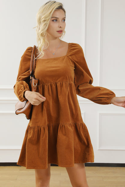 Square Neck Long Sleeve Tiered Dress