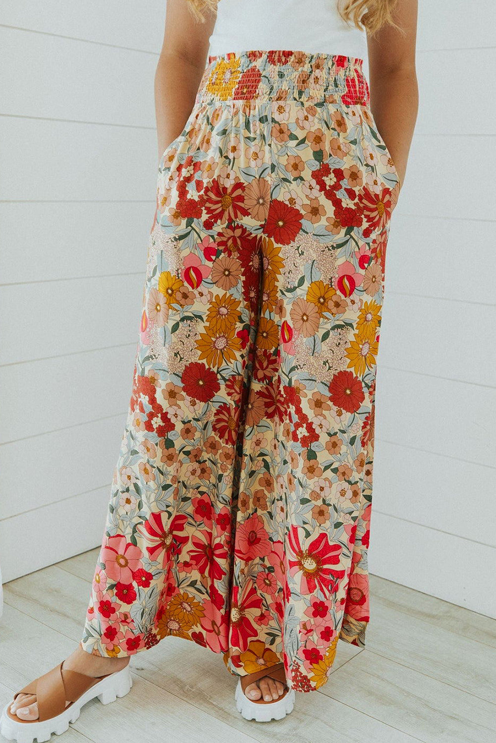 Oatmeal Boho Floral Smocked Waist Wide Leg Pants