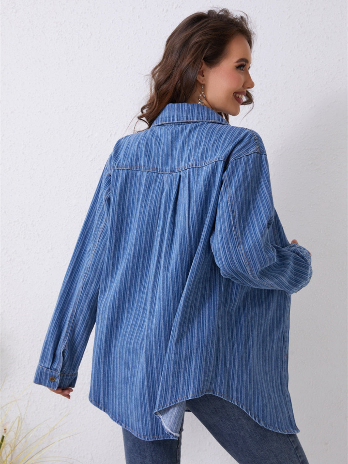 Pocketed Striped Button Up Denim Shirt