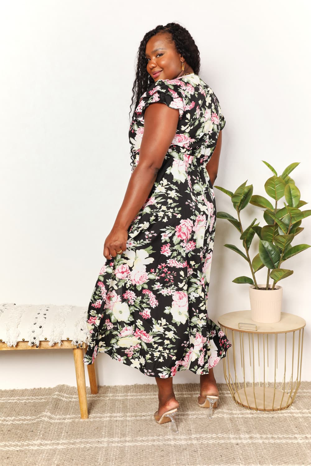 Floral Flutter Sleeve Tie-Waist Split Dress