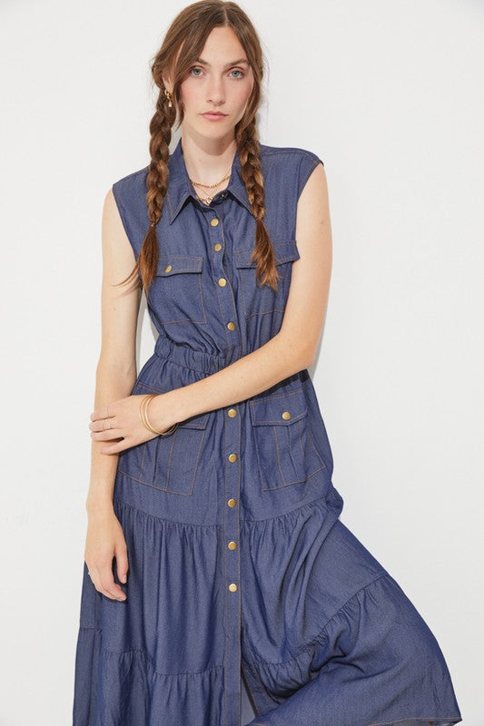 SLEEVELESS BUTTON DOWN COLLARED DENIM DRESS