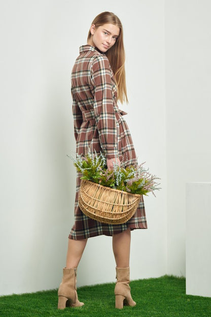 PLAID PRINT COLLAR LONG SHIRT DRESS