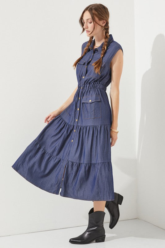 SLEEVELESS BUTTON DOWN COLLARED DENIM DRESS