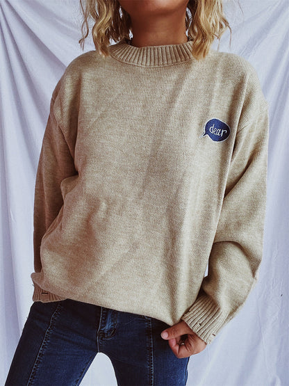 Embroidered Round Neck Dropped Shoulder Sweater