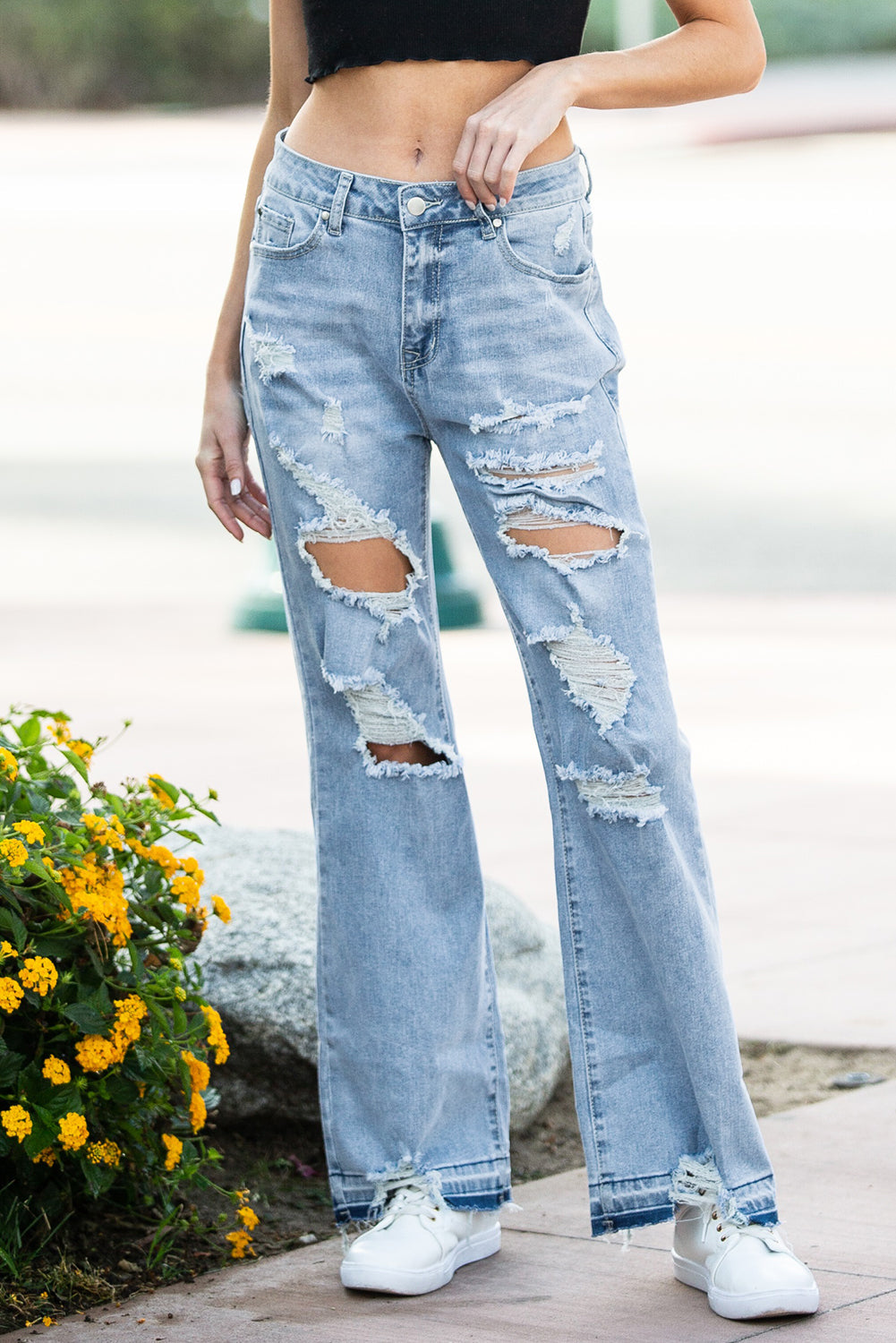 Sky Blue Vintage Distressed Ripped Wide Leg Jeans