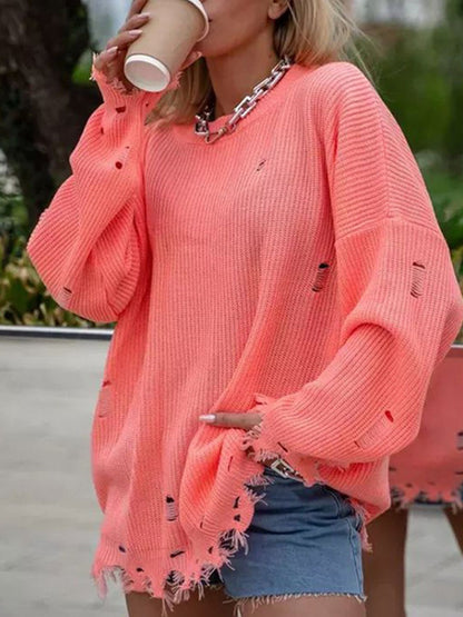 Distressed Round Neck Long Sleeve Sweater