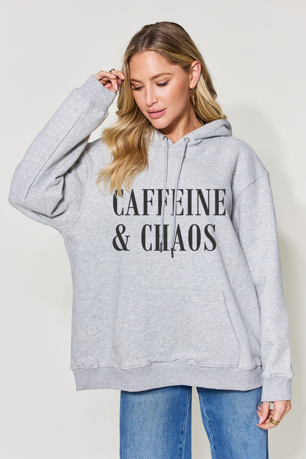 Simply Love Full Size CAFFEINE&CHAOS Graphic Drawstring Long Sleeve Hoodie