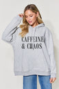 Simply Love Full Size CAFFEINE&CHAOS Graphic Drawstring Long Sleeve Hoodie