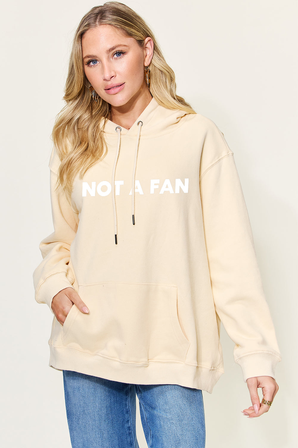 Simply Love Full Size NOT A FAN Graphic Drawstring Long Sleeve Hoodie